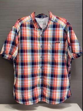 Eddie Bauer Navy, Orange, Red and White Plaid Short-Sleeve Button-Down Shirt-XL